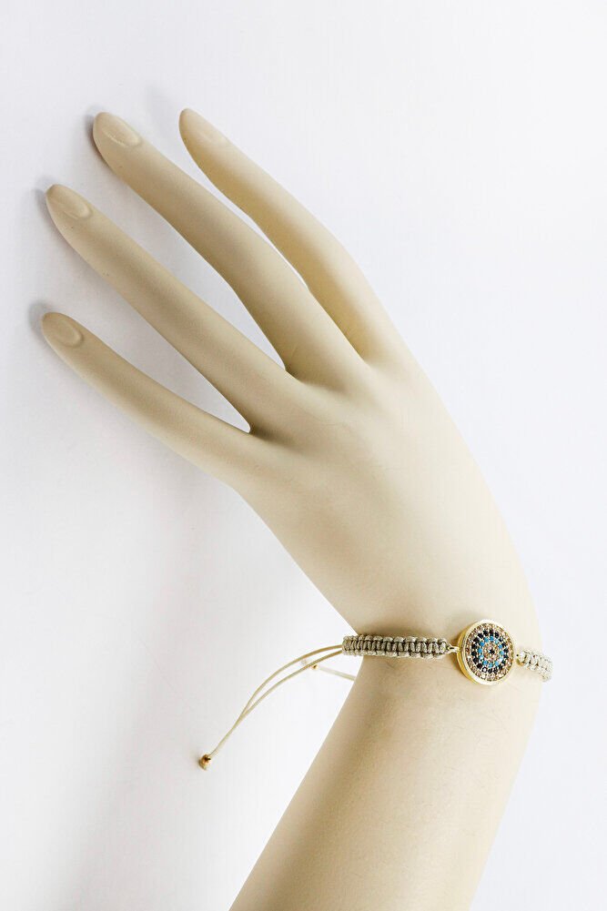 Bej Renkli Asansörlü Gold Zirkon Taşlı Nazar Bileklik, Hediyelik Bileklik