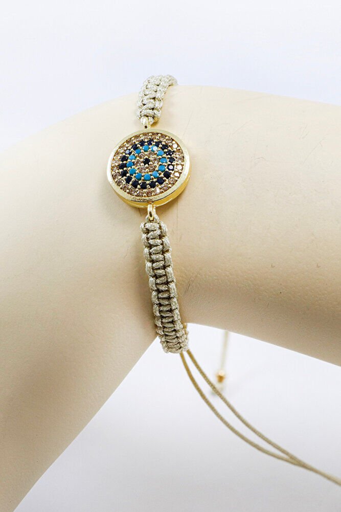 Bej Renkli Asansörlü Gold Zirkon Taşlı Nazar Bileklik, Hediyelik Bileklik