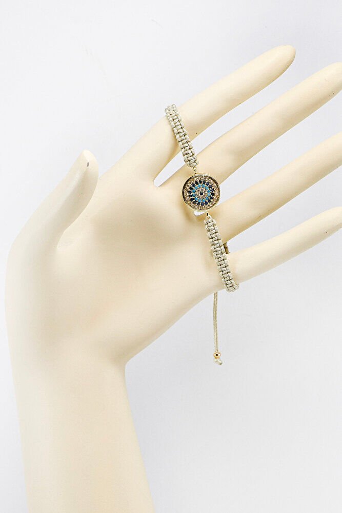 Bej Renkli Asansörlü Gold Zirkon Taşlı Nazar Bileklik, Hediyelik Bileklik
