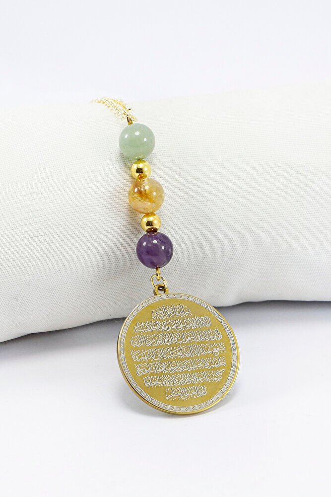 Gold Renkli Çelik Çift Taraflı Ayetel Kürsi Felak Nas İhlas Araba Dikiz Ayna Süsü, Doğal Taş Aventurin, Sitrin, Ametist