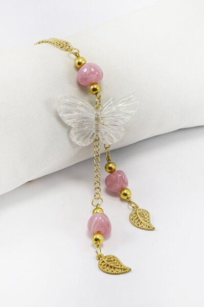 Pembe Boncuklu Salkım Yapraklı Şeffaf Kelebekli Araç Dikiz Ayna Süsü, Hediyelik Araba Hediyesi