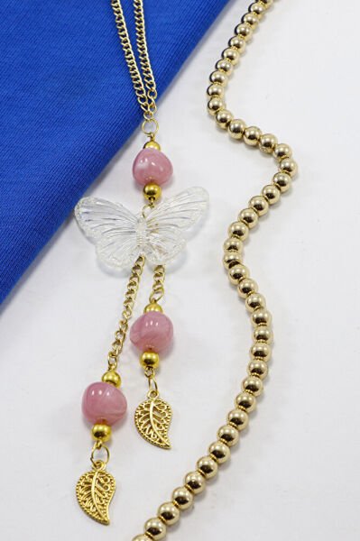 Pembe Boncuklu Salkım Yapraklı Şeffaf Kelebekli Araç Dikiz Ayna Süsü, Hediyelik Araba Hediyesi