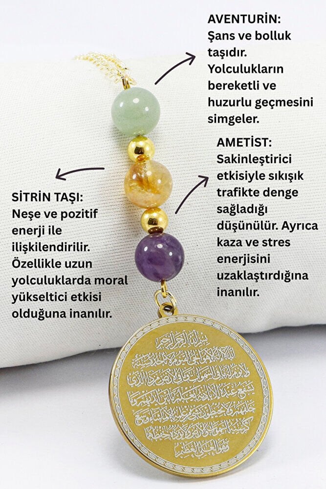 Gold Renkli Çelik Ayetel Kürsi Nazar Ayeti Araba Dikiz Ayna Süsü, Doğal Taşlar: Ametist, Sitrin, Aventurin