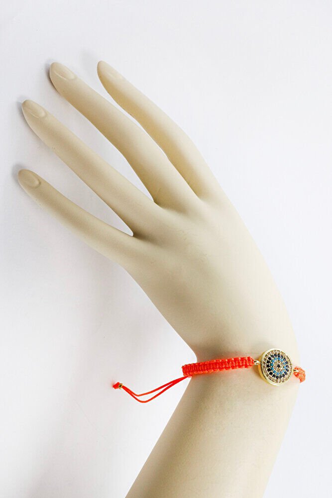 Turuncu Renkli Asansörlü Gold Zirkon Taşlı Nazar Bileklik, Hediyelik Bileklik