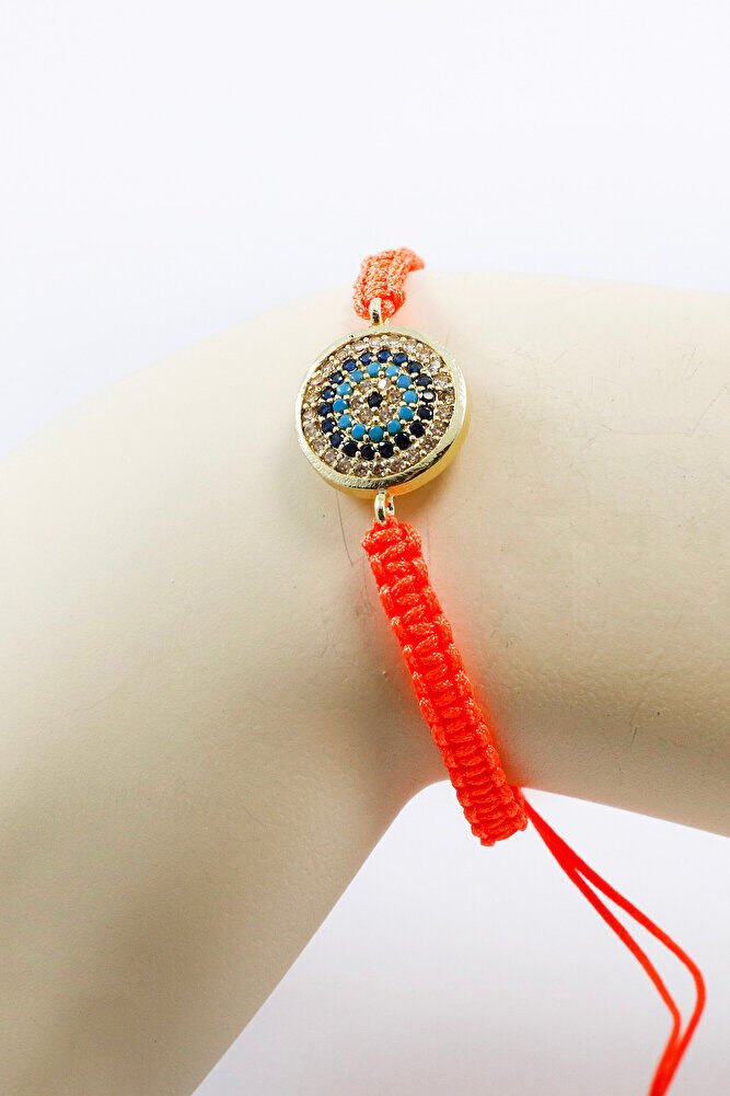 Turuncu Renkli Asansörlü Gold Zirkon Taşlı Nazar Bileklik, Hediyelik Bileklik