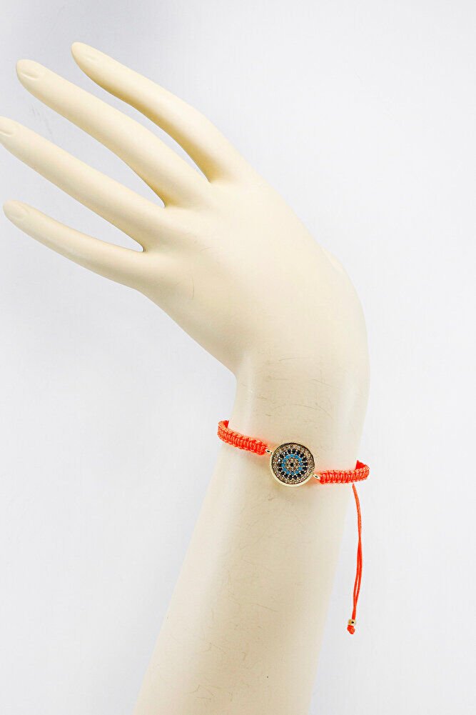 Turuncu Renkli Asansörlü Gold Zirkon Taşlı Nazar Bileklik, Hediyelik Bileklik