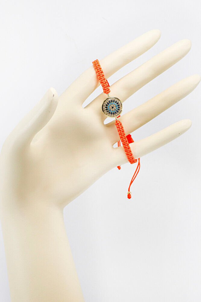 Turuncu Renkli Asansörlü Gold Zirkon Taşlı Nazar Bileklik, Hediyelik Bileklik