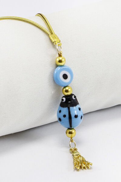 Mavi El Yapımı Yassı Nazarlı Sevimli Uğur Böceği Püsküllü Dikiz Ayna Süsü,Hediyelik Araba Hediyesi