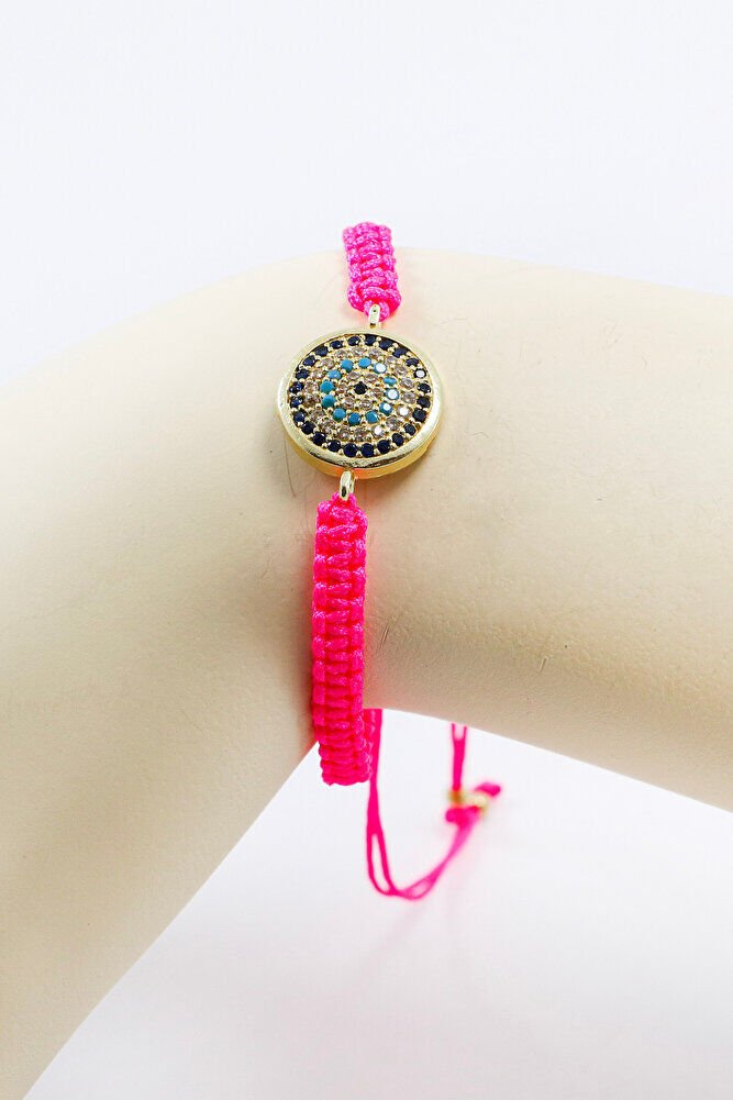 Pink Color Elevator Gold Zircon Stone Evil Eye Bracelet, Gift Bracelet