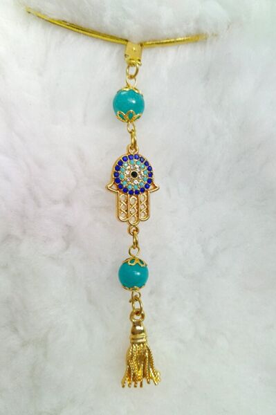 Parlak Taşlı Nazar Fatıma Eli Araba Dikiz Ayna Süsü, Püsküllü Turkuaz Taşlı Lüks Yeni Araba Hediyesi