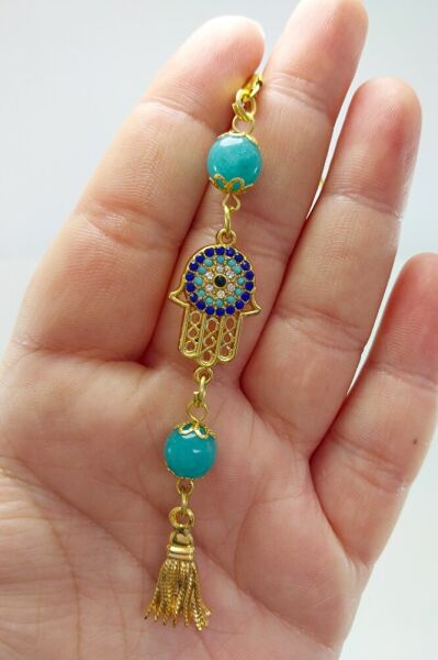 Parlak Taşlı Nazar Fatıma Eli Araba Dikiz Ayna Süsü, Püsküllü Turkuaz Taşlı Lüks Yeni Araba Hediyesi