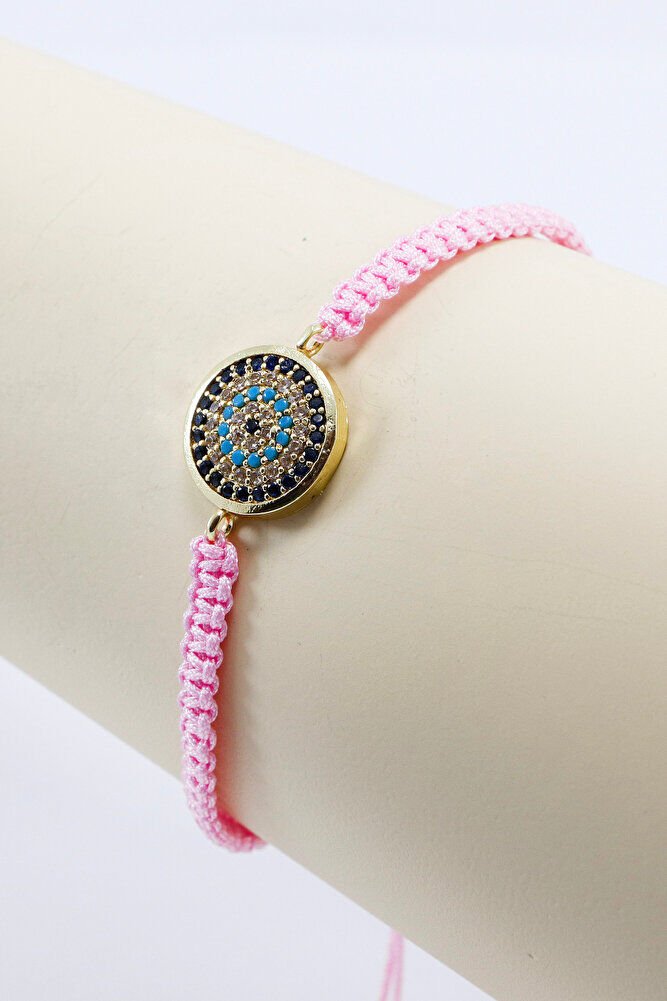 Toz Pembe Renk Asansörlü Gold Zirkon Taşlı Nazar Bileklik, Hediyelik Bileklik