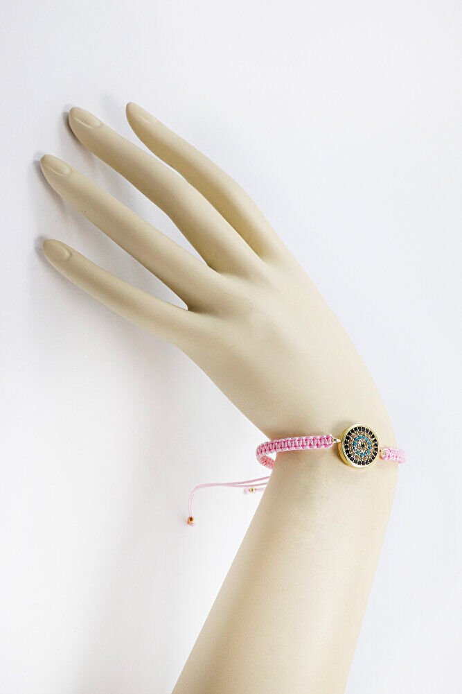 Toz Pembe Renk Asansörlü Gold Zirkon Taşlı Nazar Bileklik, Hediyelik Bileklik