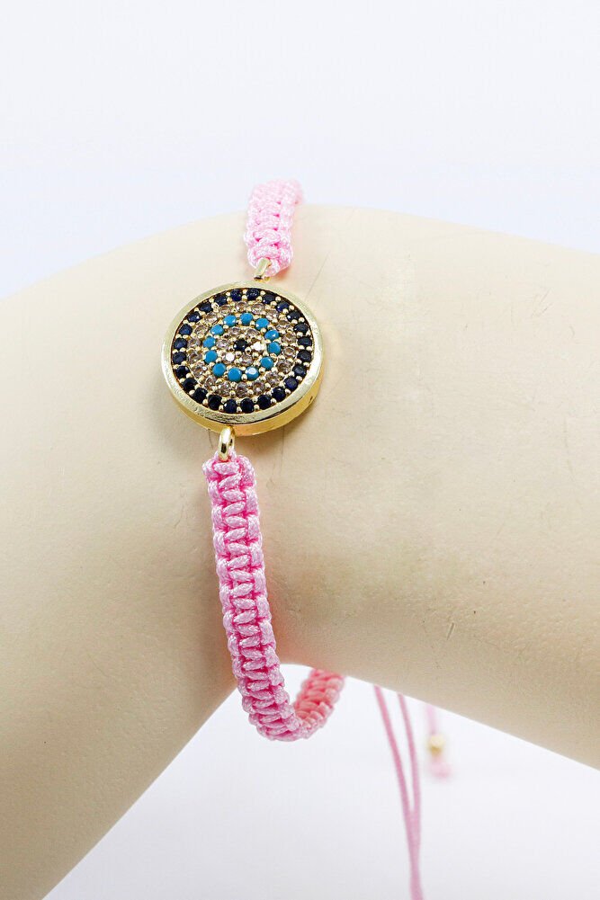 Toz Pembe Renk Asansörlü Gold Zirkon Taşlı Nazar Bileklik, Hediyelik Bileklik