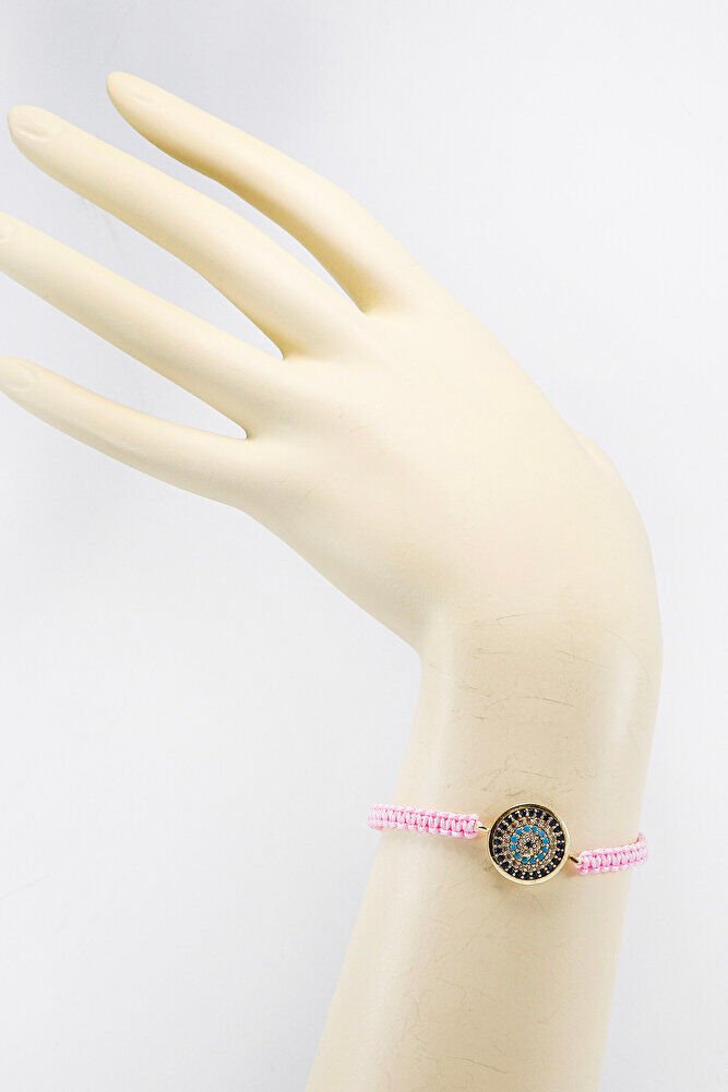 Toz Pembe Renk Asansörlü Gold Zirkon Taşlı Nazar Bileklik, Hediyelik Bileklik