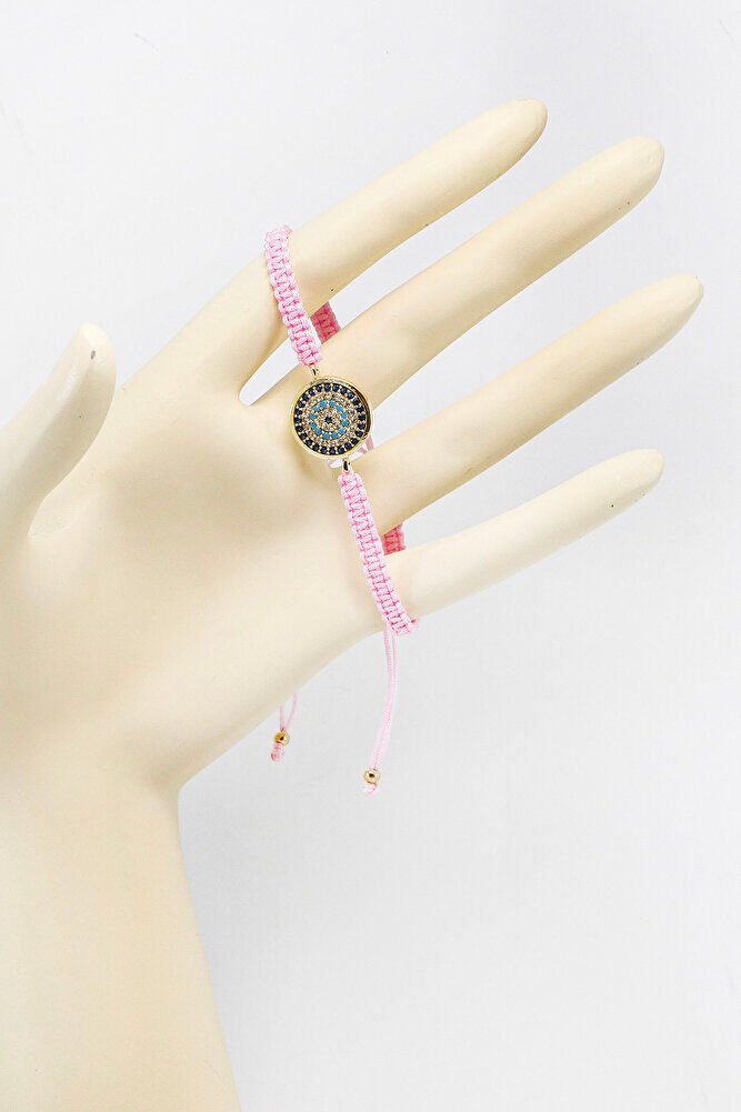 Toz Pembe Renk Asansörlü Gold Zirkon Taşlı Nazar Bileklik, Hediyelik Bileklik