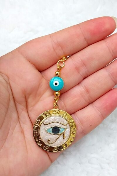 Altın Kaplama Turkuaz Nazar Boncuklu Dikiz Ayna Süsü, Sedefli Göz Figürü Tarz Yeni Araba Hediyesi