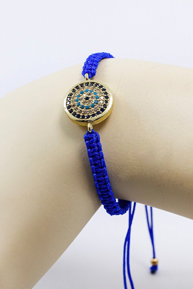 Dark Blue Colored Elevator Gold Zircon Stone Evil Eye Bracelet, Gift Bracelet