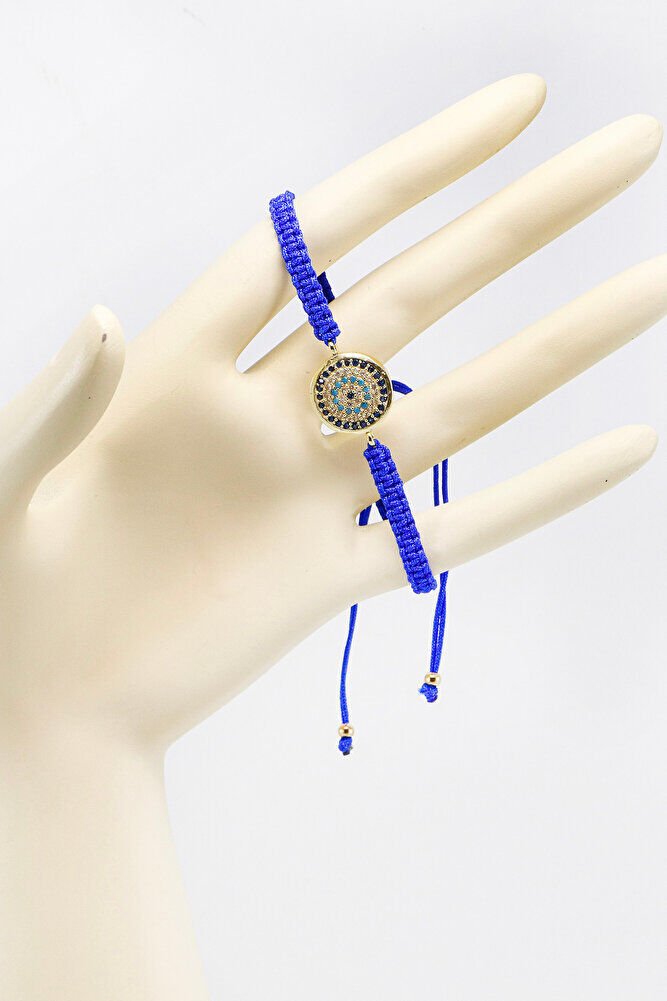 Dark Blue Colored Elevator Gold Zircon Stone Evil Eye Bracelet, Gift Bracelet