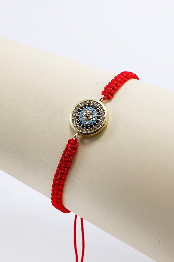 Kırmızı Renkli Asansörlü Gold Zirkon Taşlı Nazar Bileklik, Hediyelik Bileklik