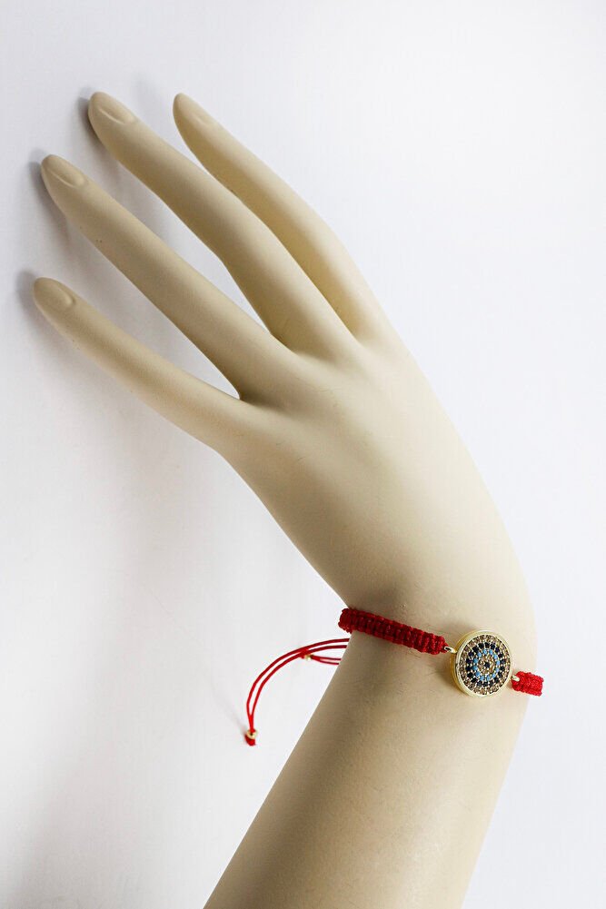 Kırmızı Renkli Asansörlü Gold Zirkon Taşlı Nazar Bileklik, Hediyelik Bileklik