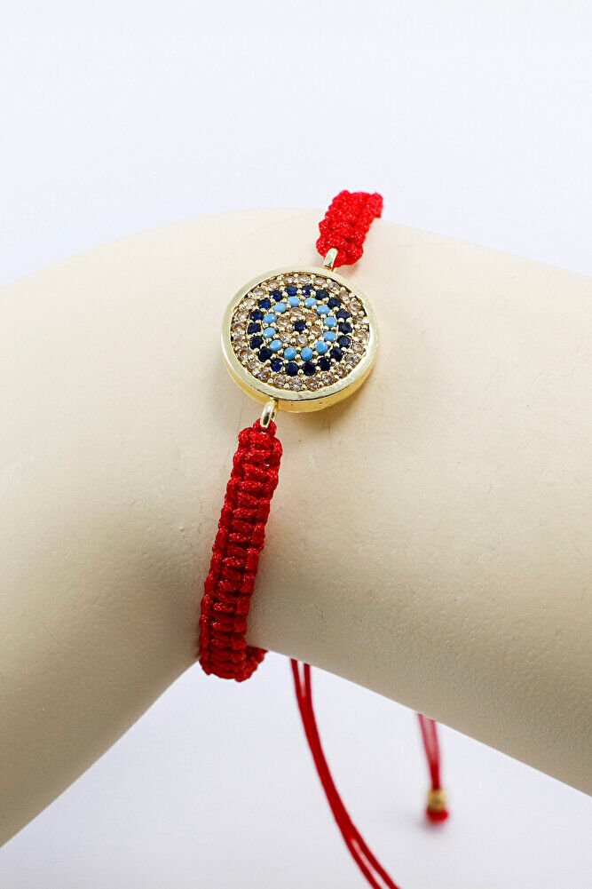 Kırmızı Renkli Asansörlü Gold Zirkon Taşlı Nazar Bileklik, Hediyelik Bileklik