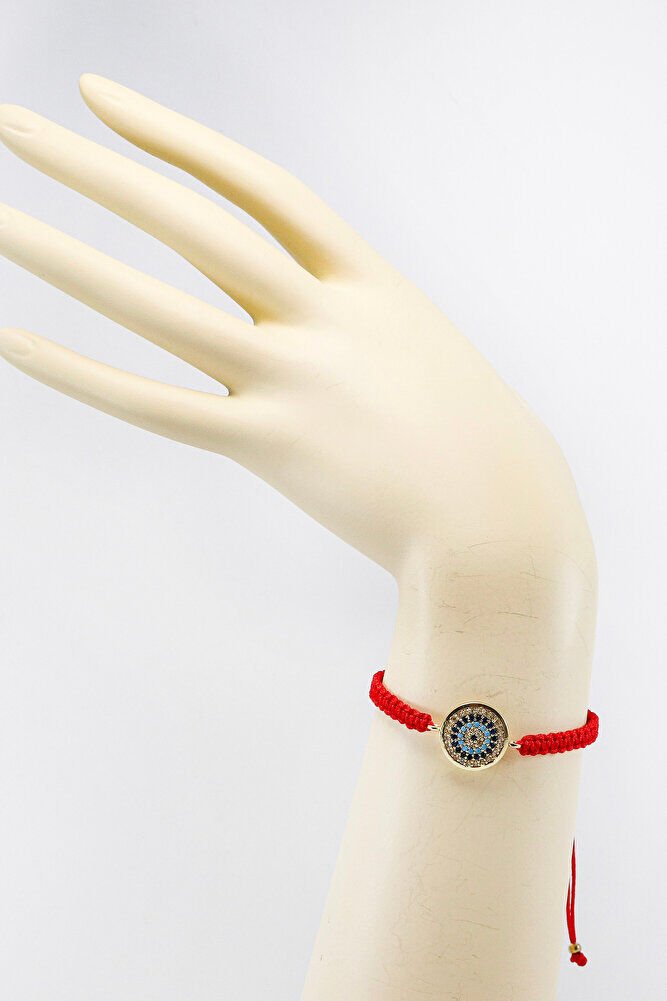 Kırmızı Renkli Asansörlü Gold Zirkon Taşlı Nazar Bileklik, Hediyelik Bileklik