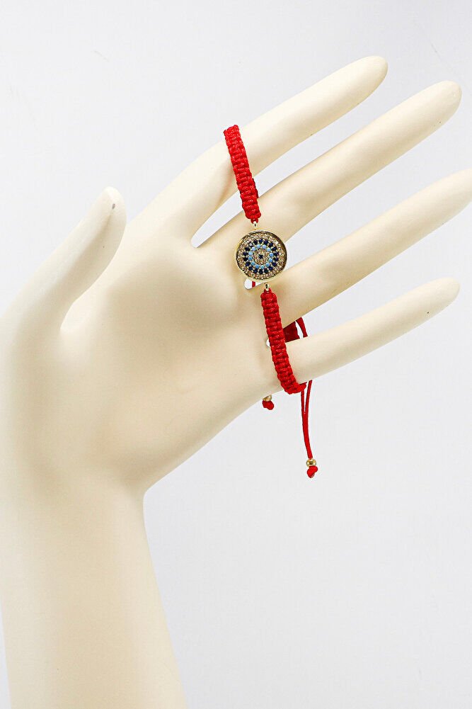 Kırmızı Renkli Asansörlü Gold Zirkon Taşlı Nazar Bileklik, Hediyelik Bileklik
