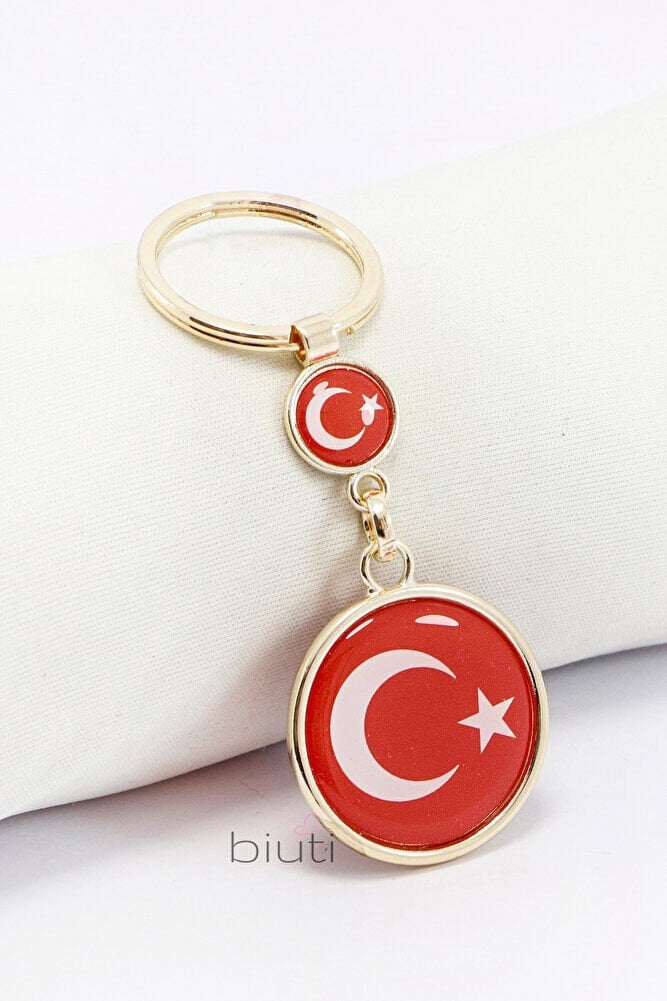 Türk Bayrağı Kırmızı Anahtarlık, Çift Bayraklı Rose Gold Renkli