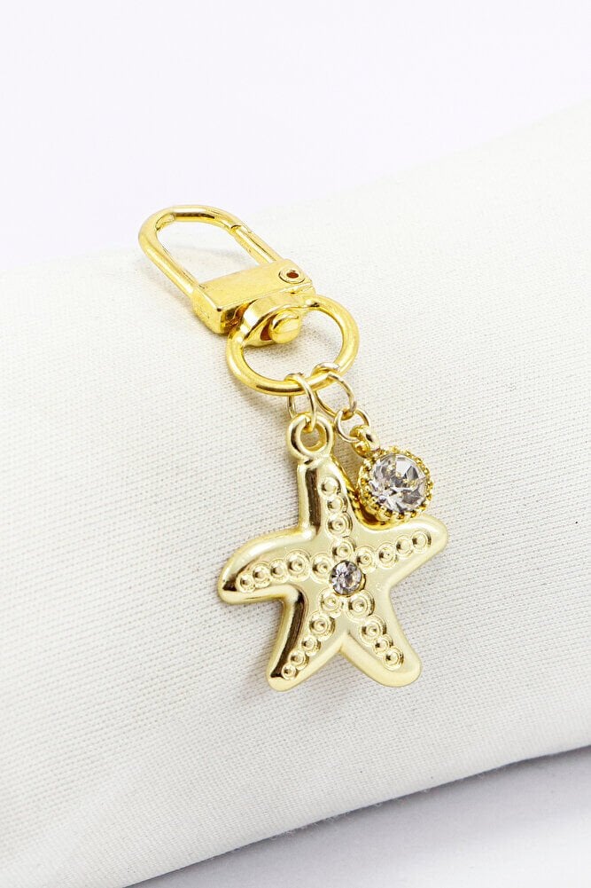 Taşlı Yıldız Tek Taş Gold Renkli Klipsli Cüzdan Süsü Charm Çanta Süsü Anahtarlık