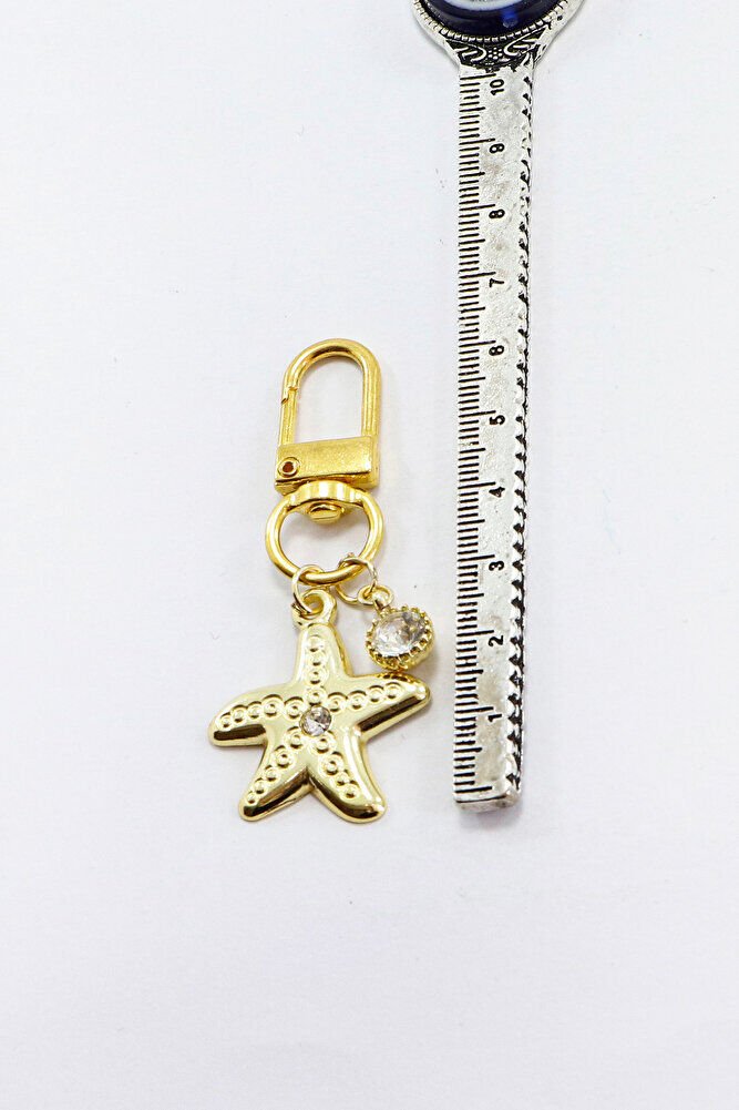 Taşlı Yıldız Tek Taş Gold Renkli Klipsli Cüzdan Süsü Charm Çanta Süsü Anahtarlık