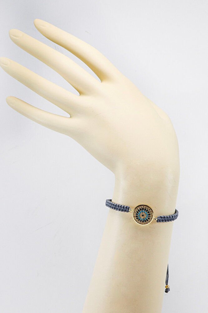 Füme Renkli Asansörlü Gold Zirkon Taşlı Nazar Bileklik, Hediyelik Bileklik
