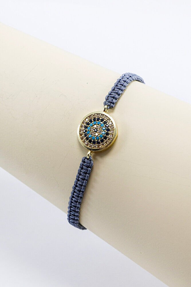 Füme Renkli Asansörlü Gold Zirkon Taşlı Nazar Bileklik, Hediyelik Bileklik