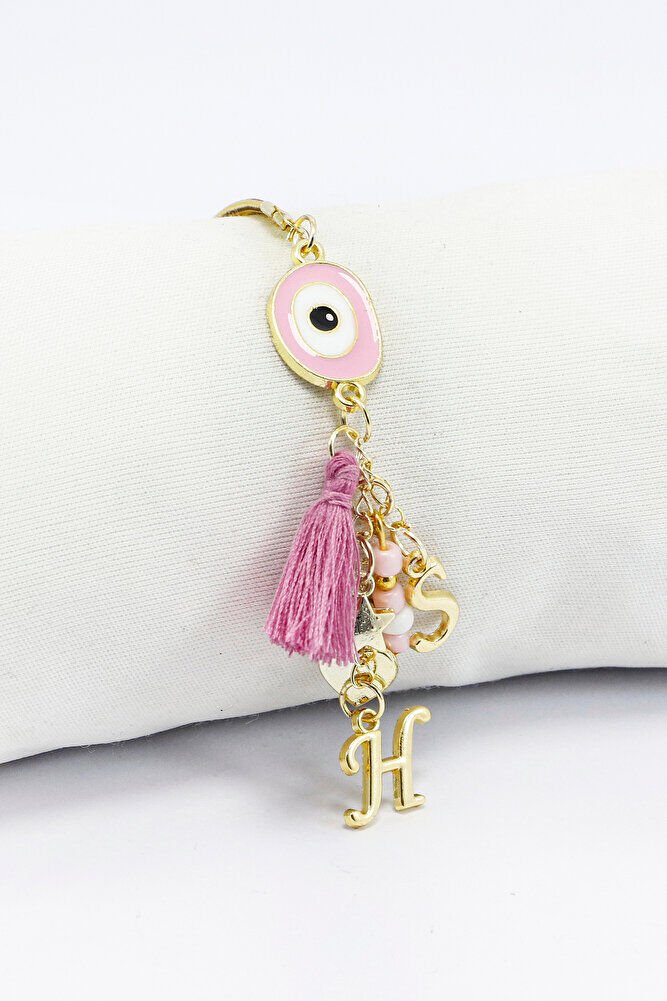 Pembe Nazar Boncuğu Gold Renkli İki Harfli Püsküllü Araba Dikiz Ayna Süsü /Aile Araba Hediyesi