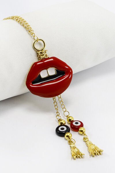 El Yapımı Cam Nazar Boncuklu Salkım Kırmızı Dudak Araba Dikiz Ayna Süsü, Yeni Araba Hediyesi