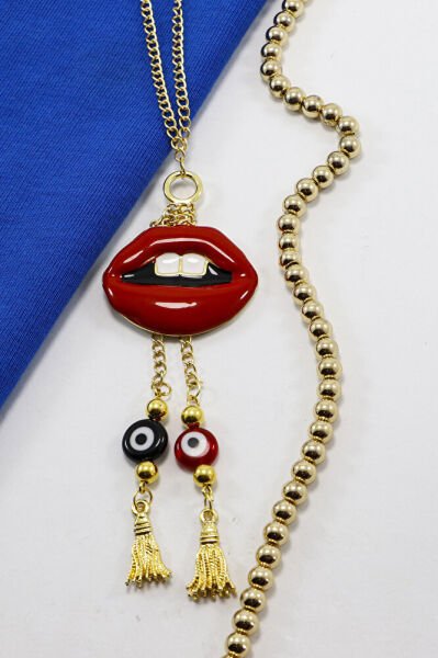 El Yapımı Cam Nazar Boncuklu Salkım Kırmızı Dudak Araba Dikiz Ayna Süsü, Yeni Araba Hediyesi