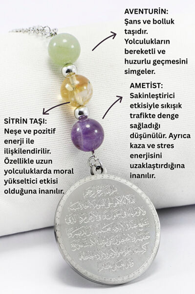 Gümüş Çelik Ayetel Kürsi Nazar Ayeti Araba Dikiz Ayna Süsü, Doğal Taşlar: Ametist, Sitrin, Aventurin