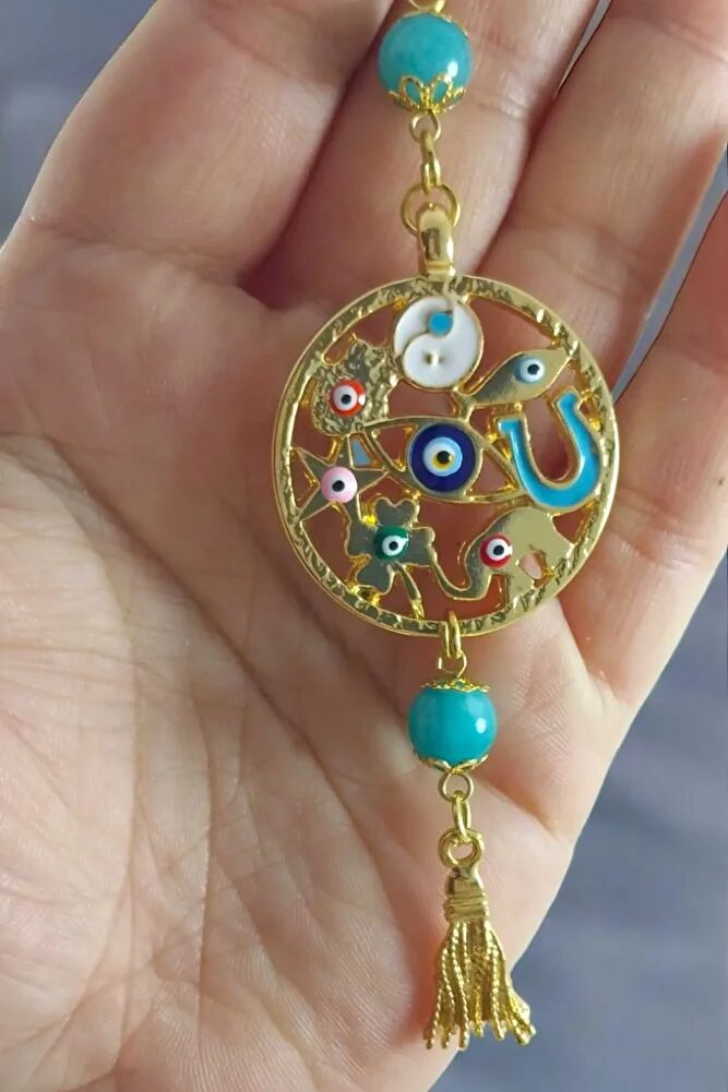 Rengarenk Hayat Ağacı Turkuaz Taşlı püsküllü Araba Dikiz Ayna Süsü, Lüks Yeni Araba Hediyesi