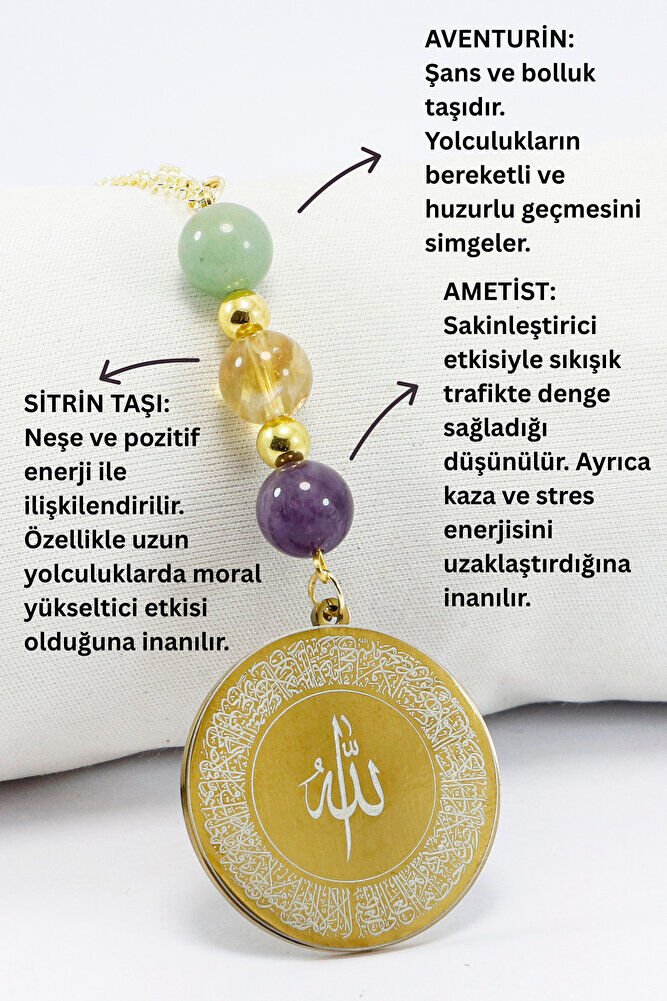 Gold Renkli Çelik Önde Allah Lafzı Ayetel Kürsi Arkada Felak Nas İhlas Araba Dikiz Ayna Süsü, Aventurin, Sitrin, Ametist