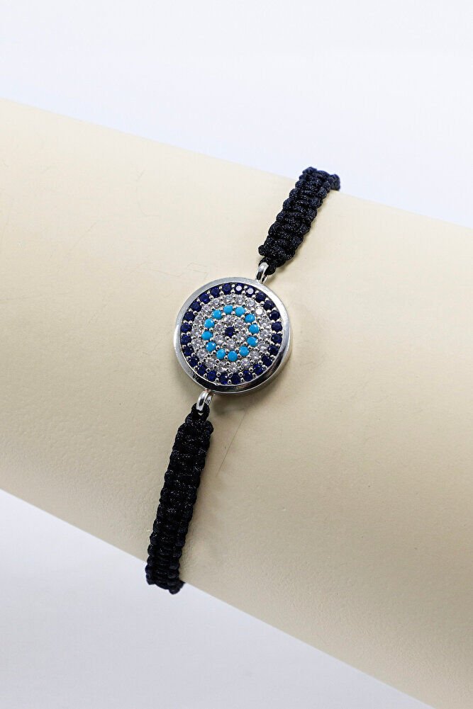 Siyah Renkli Asansörlü Gümüş Zirkon Taşlı Nazar Bileklik, Hediyelik Bileklik