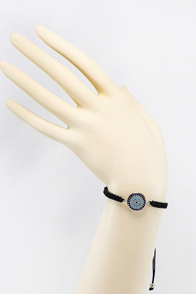 Siyah Renkli Asansörlü Gümüş Zirkon Taşlı Nazar Bileklik, Hediyelik Bileklik