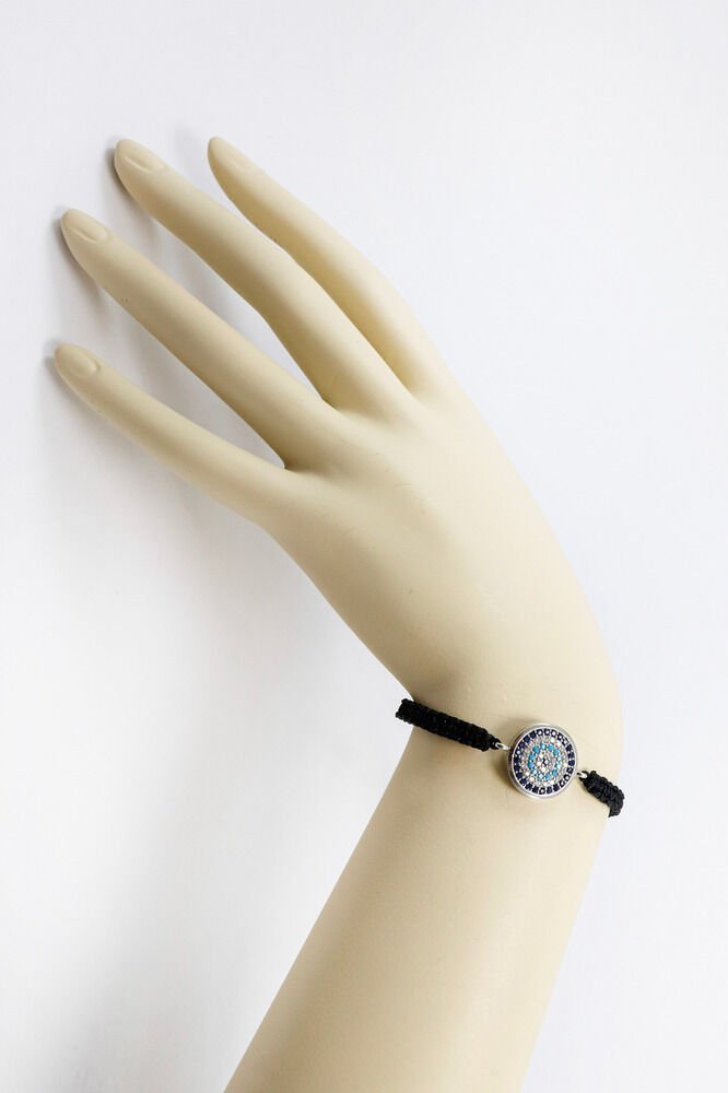 Siyah Renkli Asansörlü Gümüş Zirkon Taşlı Nazar Bileklik, Hediyelik Bileklik