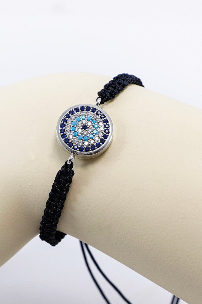 Siyah Renkli Asansörlü Gümüş Zirkon Taşlı Nazar Bileklik, Hediyelik Bileklik