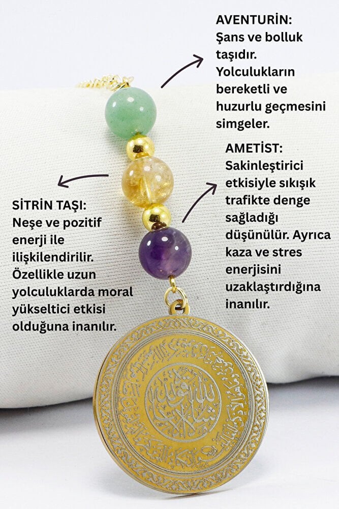 Gold Renkli Çelik Önde Nazar Ayeti Arkada Felak Nas İhlas Araba Dikiz Ayna Süsü, Aventurin, Sitrin, Ametist Doğaltaşlı