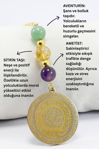 Gold Renkli Çelik Önde Nazar Ayeti Arkada Felak Nas İhlas Araba Dikiz Ayna Süsü, Aventurin, Sitrin, Ametist Doğaltaşlı