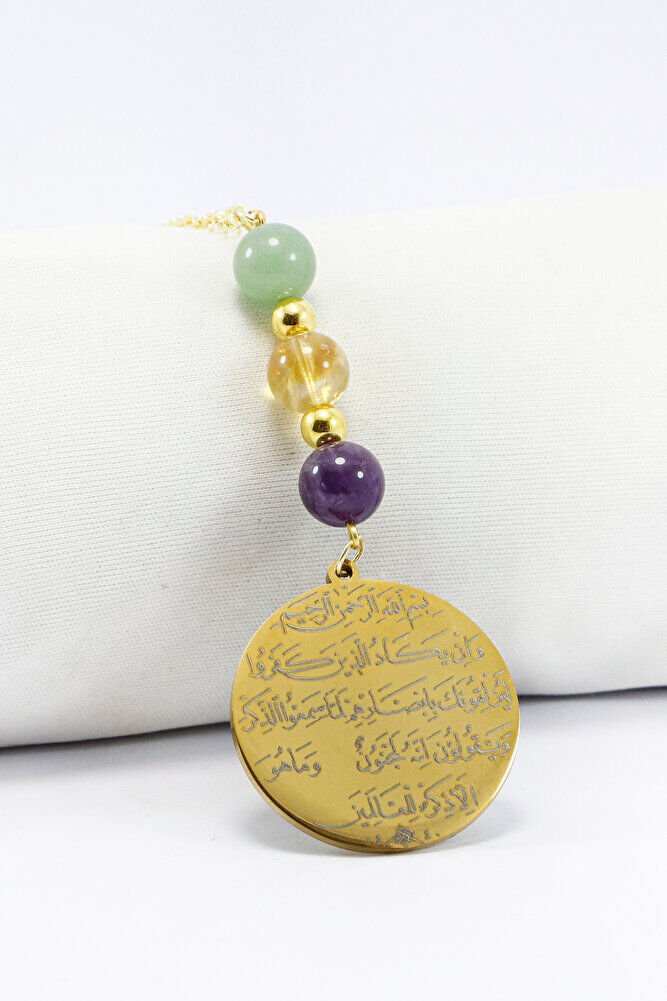Gold Renkli Çelik Allah Lafzı Ayetel Kürsi Nazar Ayeti Araba Dikiz Ayna Süsü, Ametist, Sitrin, Aventurin