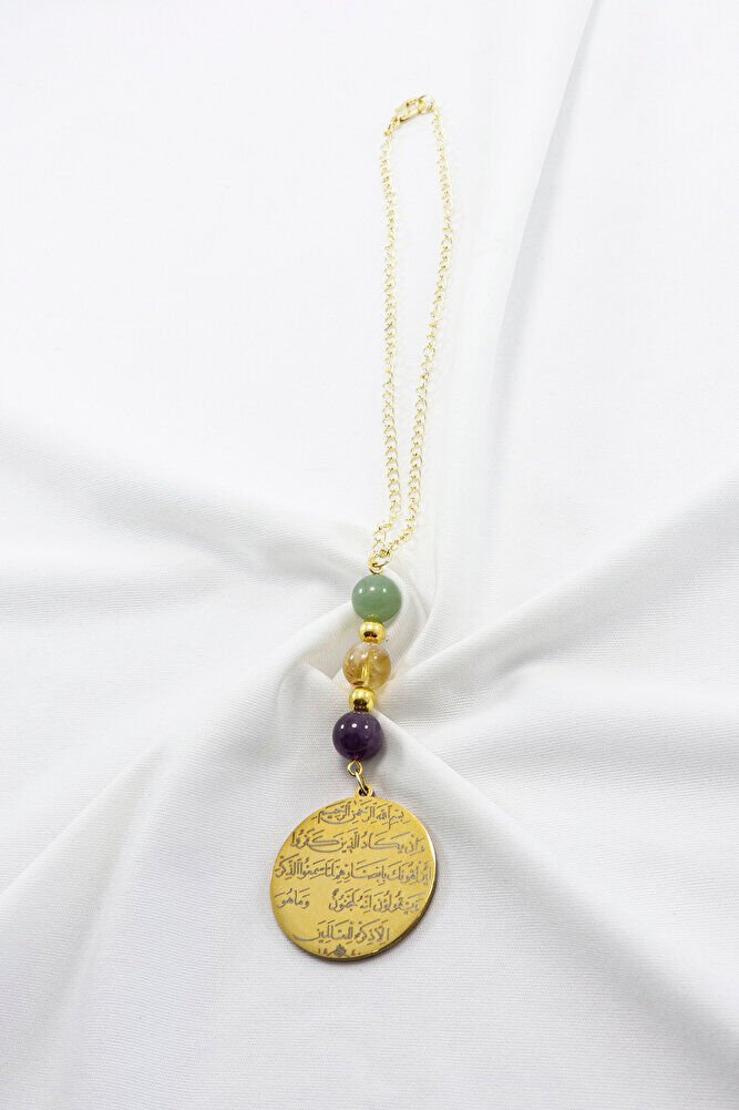 Gold Renkli Çelik Allah Lafzı Ayetel Kürsi Nazar Ayeti Araba Dikiz Ayna Süsü, Ametist, Sitrin, Aventurin