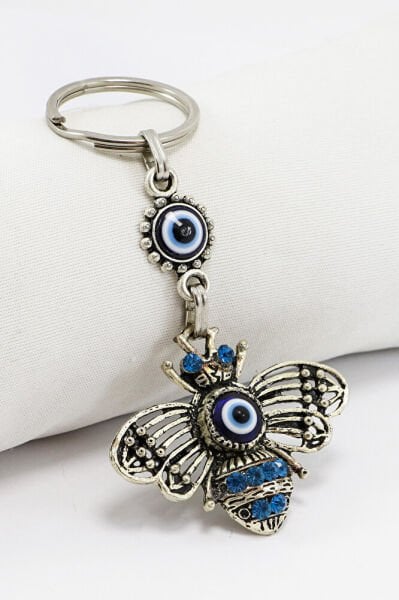 Gri Halkalı Turkuaz Parlak Taşlı Metal Arılı Anahtarlık, Hediyelik Çanta Süsü