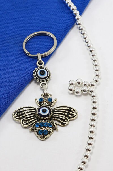 Gri Halkalı Turkuaz Parlak Taşlı Metal Arılı Anahtarlık, Hediyelik Çanta Süsü