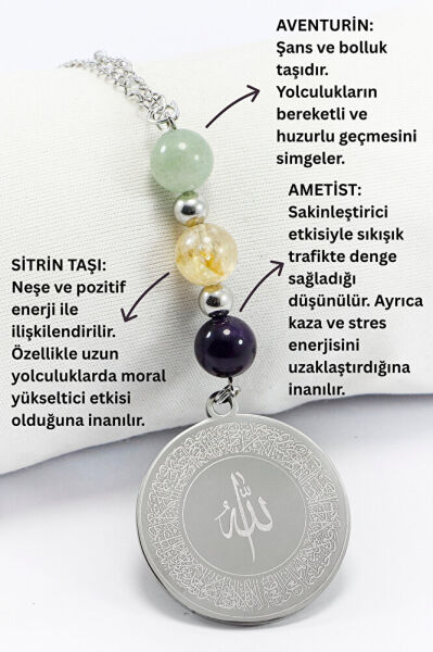 Çelik Önde Allah Lafzı Ayetel Kürsi Arkada Felak Nas İhlas Araba Dikiz Ayna Süsü, Aventurin, Sitrin, Ametist Doğaltaşlı
